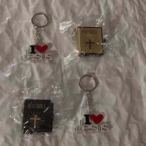 Religious Keychain Set — I Heart Jesus & Holy Bible (Red, Black, Gold)